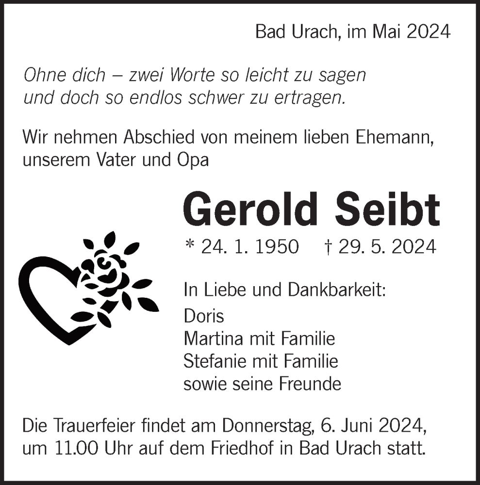  Traueranzeige für Gerold Seibt vom 01.06.2024 aus Alb-Bote/Metzinger-Uracher Volksblatt