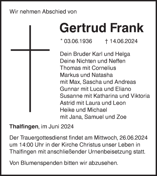 Traueranzeige von Gertrud Frank von SÜDWEST PRESSE Ausgabe Ulm/Neu-Ulm