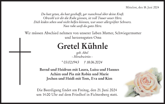 Traueranzeige von Gretel Kühnle von Rundschau Gaildorf