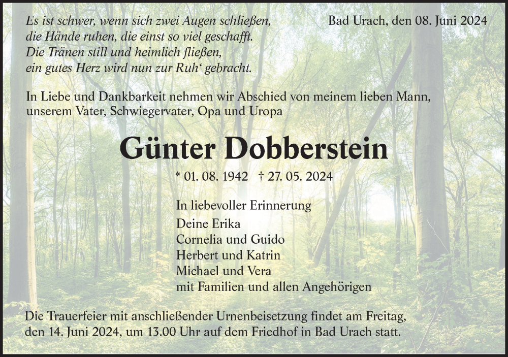  Traueranzeige für Günter Dobberstein vom 08.06.2024 aus Alb-Bote/Metzinger-Uracher Volksblatt