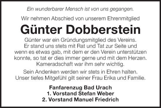 Traueranzeige von Günter Dobberstein von Alb-Bote/Metzinger-Uracher Volksblatt