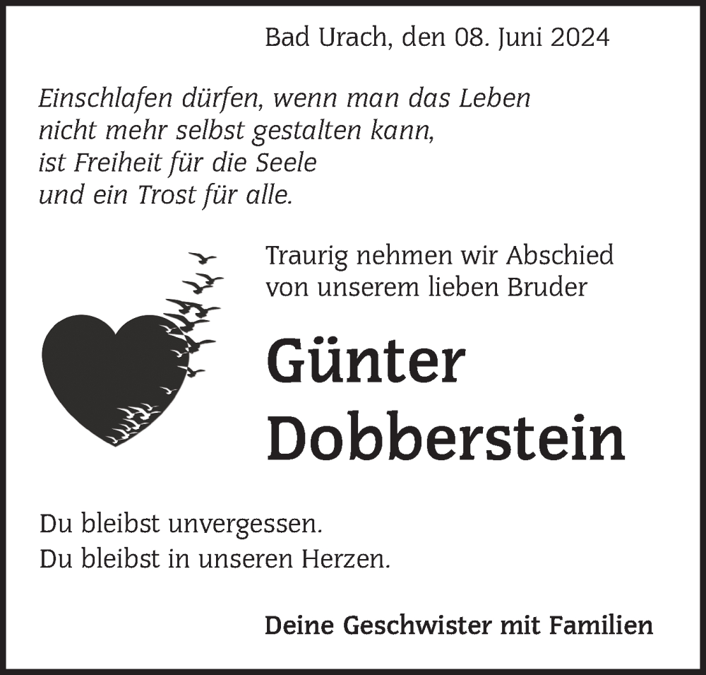  Traueranzeige für Günter Dobberstein vom 08.06.2024 aus Alb-Bote/Metzinger-Uracher Volksblatt