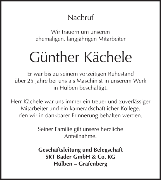 Traueranzeige von Günther Kächele von Alb-Bote/Metzinger-Uracher Volksblatt