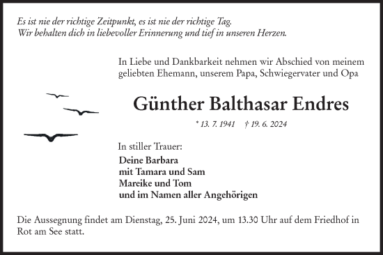Traueranzeige von Günther Balthasar Endres von Hohenloher Tagblatt