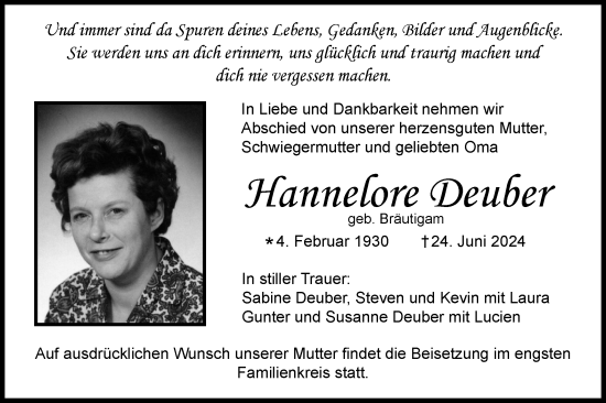 Traueranzeige von Hannelore Deuber von Haller Tagblatt