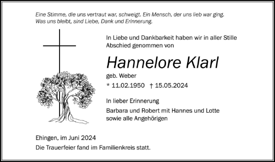 Traueranzeige von Hannelore Klarl von Ehinger Tagblatt