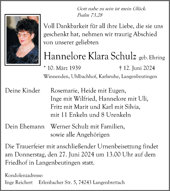 Traueranzeige von Hannelore Klara Schulz von Rundschau Gaildorf