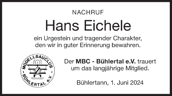 Traueranzeige von Hans Eichele von Haller Tagblatt