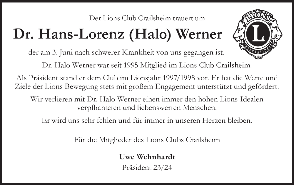  Traueranzeige für Hans-Lorenz Werner vom 07.06.2024 aus Hohenloher Tagblatt