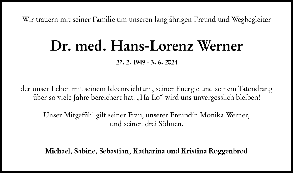 Traueranzeige für Hans-Lorenz Werner vom 07.06.2024 aus Hohenloher Tagblatt