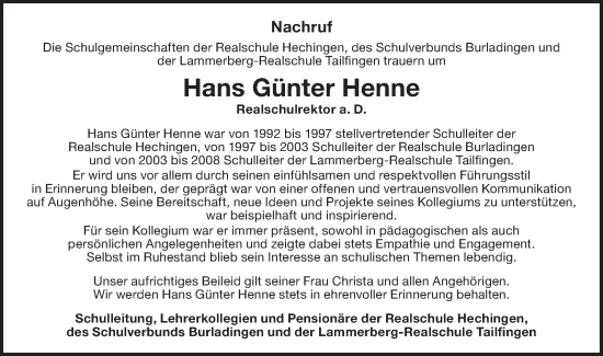 Traueranzeige von Hans Günter Henne von SÜDWEST PRESSE Zollernalbkreis/Hohenzollerische Zeitung