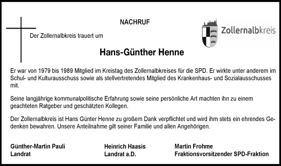 Traueranzeige von Hans Günter Henne von SÜDWEST PRESSE Zollernalbkreis/Hohenzollerische Zeitung