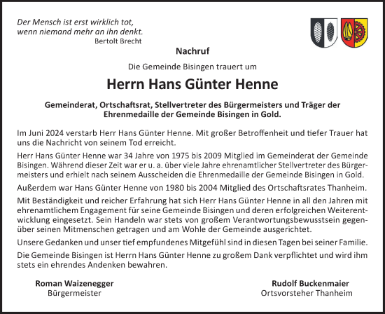 Traueranzeige von Hans Günter Henne von SÜDWEST PRESSE Zollernalbkreis/Hohenzollerische Zeitung