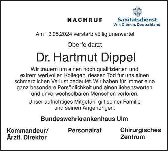 Traueranzeige von Hartmut Dippel von SÜDWEST PRESSE Ausgabe Ulm/Neu-Ulm