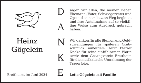 Traueranzeige von Heinz Gögelein von Hohenloher Tagblatt