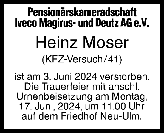 Traueranzeige von Heinz Moser von SÜDWEST PRESSE Ausgabe Ulm/Neu-Ulm