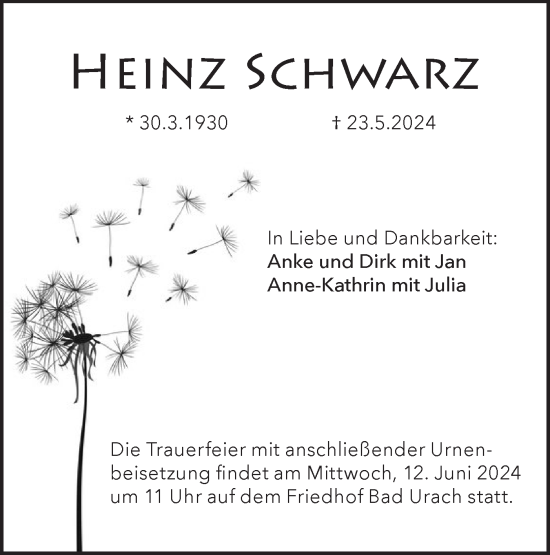 Traueranzeige von Heinz Schwarz von Alb-Bote/Metzinger-Uracher Volksblatt