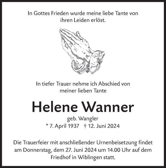 Traueranzeige von Helene Wanner von SÜDWEST PRESSE Ausgabe Ulm/Neu-Ulm