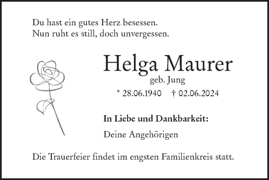 Traueranzeige von Helga Maurer von SÜDWEST PRESSE Ausgabe Ulm/Neu-Ulm