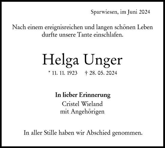 Traueranzeige von Helga Unger von NWZ Neue Württembergische Zeitung