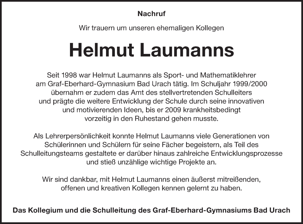  Traueranzeige für Helmut Laumanns vom 22.06.2024 aus Alb-Bote/Metzinger-Uracher Volksblatt