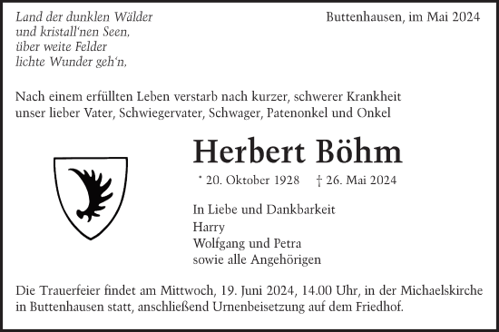 Traueranzeige von Herbert Böhm von Alb-Bote/Metzinger-Uracher Volksblatt