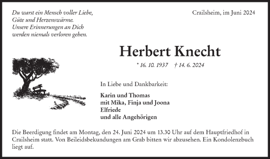 Traueranzeige von Herbert Knecht von Hohenloher Tagblatt