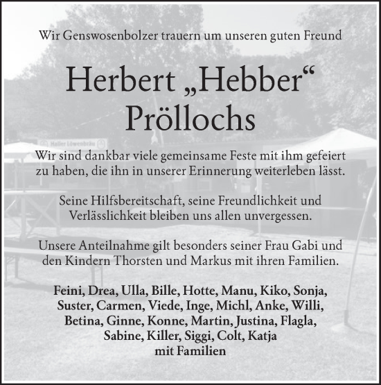 Traueranzeige von Herbert Pröllochs von Haller Tagblatt