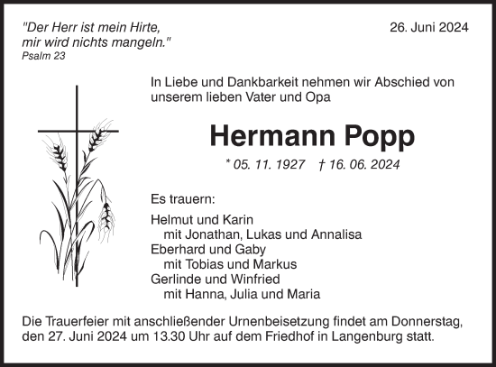 Traueranzeige von Hermann Popp von Hohenloher Tagblatt