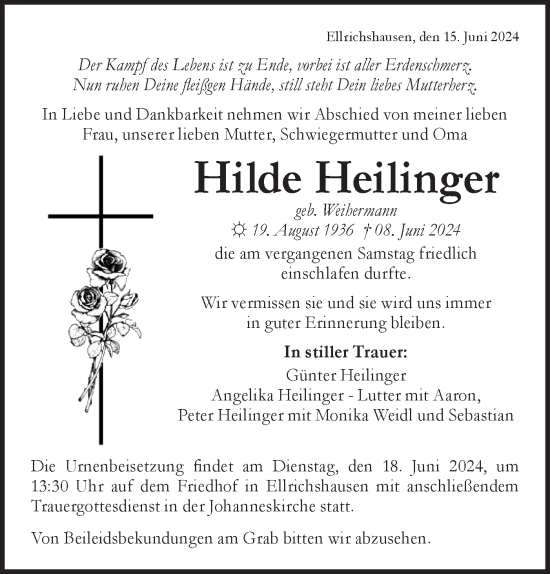 Traueranzeige von Hilde Heilinger von Hohenloher Tagblatt