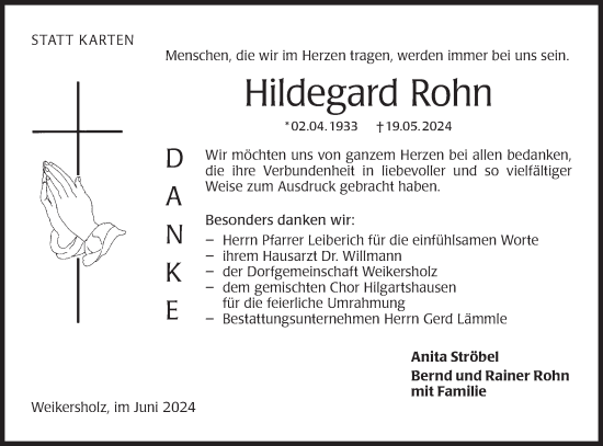 Traueranzeige von Hildegard Rohn von Hohenloher Tagblatt