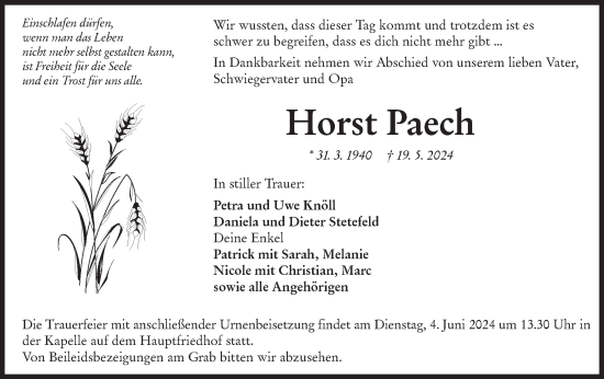 Traueranzeige von Horst Paech von Hohenloher Tagblatt