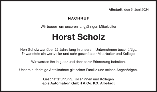 Traueranzeige von Horst Scholz von SÜDWEST PRESSE Zollernalbkreis/Hohenzollerische Zeitung