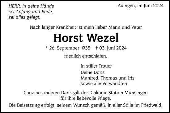 Traueranzeige von Horst Wezel von Alb-Bote/Metzinger-Uracher Volksblatt