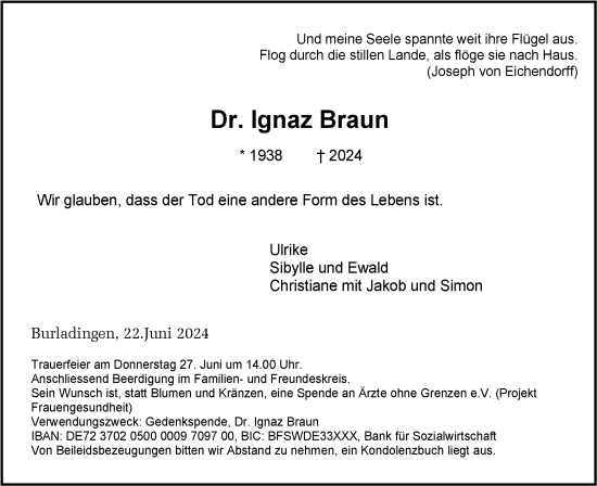 Traueranzeige von Ignaz Braun von SÜDWEST PRESSE Zollernalbkreis/Hohenzollerische Zeitung