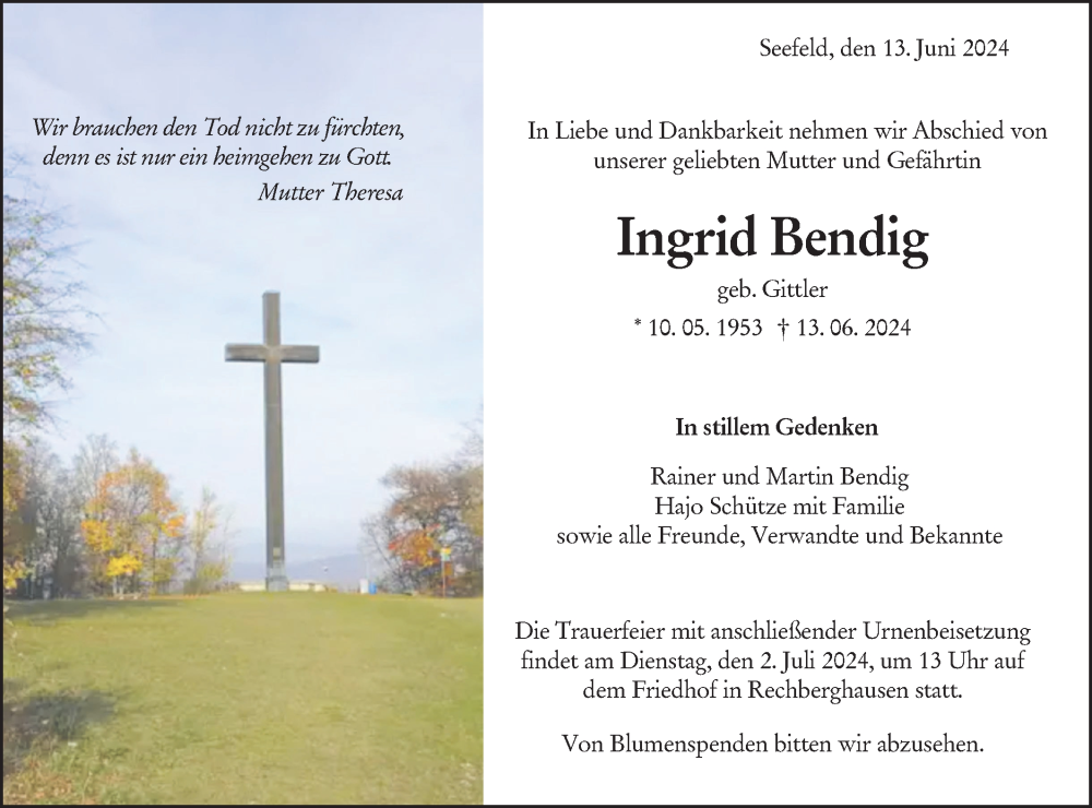  Traueranzeige für Ingrid Bendig vom 29.06.2024 aus NWZ Neue Württembergische Zeitung