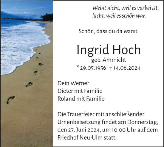 Traueranzeige von Ingrid Hoch von SÜDWEST PRESSE Ausgabe Ulm/Neu-Ulm