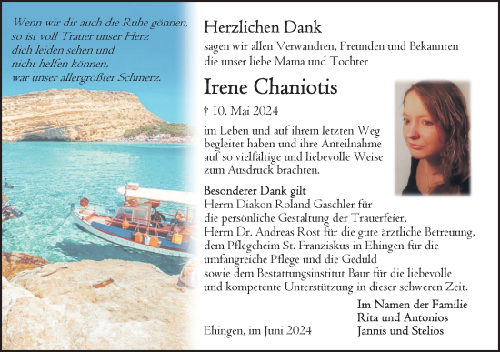 Traueranzeige von Irene Chaniotis von Ehinger Tagblatt