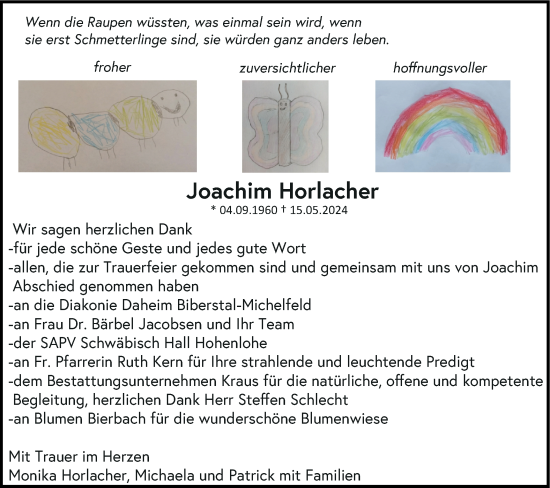 Traueranzeige von Joachim Horlacher von Haller Tagblatt