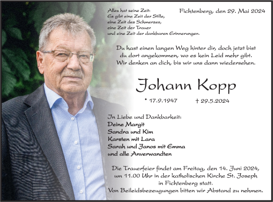 Traueranzeige von Johann Kopp von Rundschau Gaildorf