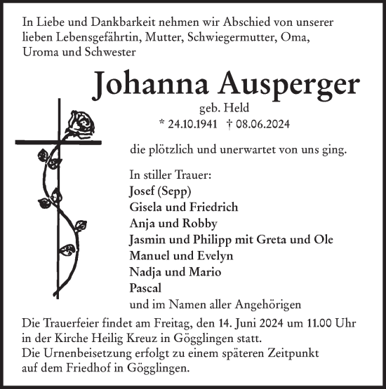 Traueranzeige von Johanna Ausperger von SÜDWEST PRESSE Ausgabe Ulm/Neu-Ulm