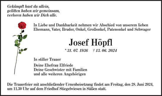 Traueranzeige von Josef Höpfl von NWZ Neue Württembergische Zeitung