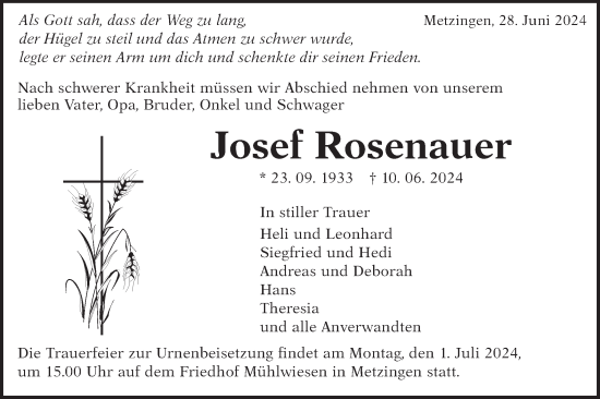 Traueranzeige von Josef Rosenauer von Alb-Bote/Metzinger-Uracher Volksblatt