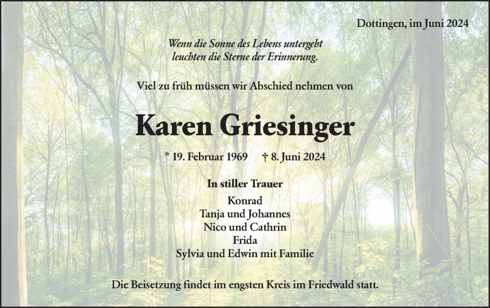  Traueranzeige für Karen Griesinger vom 14.06.2024 aus Alb-Bote/Metzinger-Uracher Volksblatt