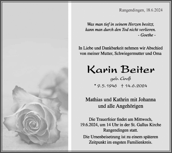 Traueranzeige von Karin Beiter von SÜDWEST PRESSE Zollernalbkreis/Hohenzollerische Zeitung