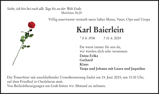 Traueranzeige von Karl Baierlein von Hohenloher Tagblatt