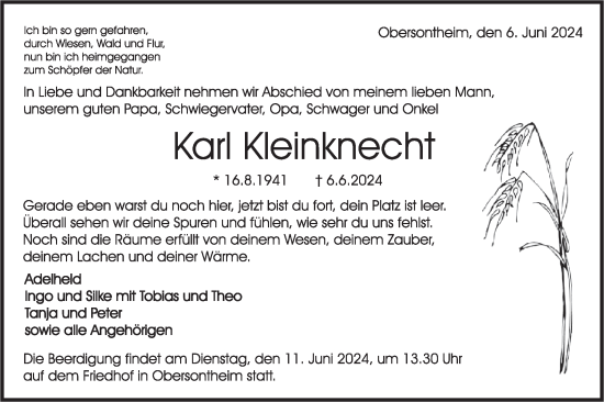Traueranzeige von Karl Kleinknecht von Haller Tagblatt