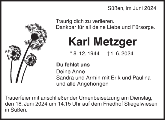 Traueranzeige von Karl Metzger von NWZ Neue Württembergische Zeitung