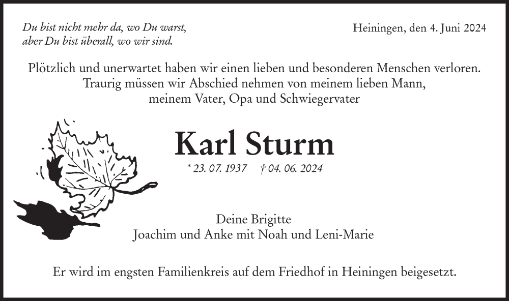  Traueranzeige für Karl Sturm vom 08.06.2024 aus NWZ Neue Württembergische Zeitung