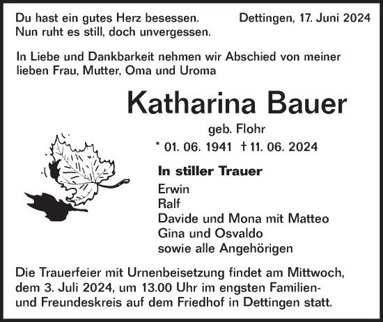 Traueranzeige von Katharina Bauer von Alb-Bote/Metzinger-Uracher Volksblatt